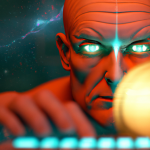 Bald Lean Muscular man Repairing WordPress in in an alien galaxy with fire coming out of his eyes (do not add any text)