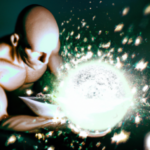 Bald Lean Muscular man Repairing WordPress in in an alien galaxy with fire coming out of his eyes (do not add any text)